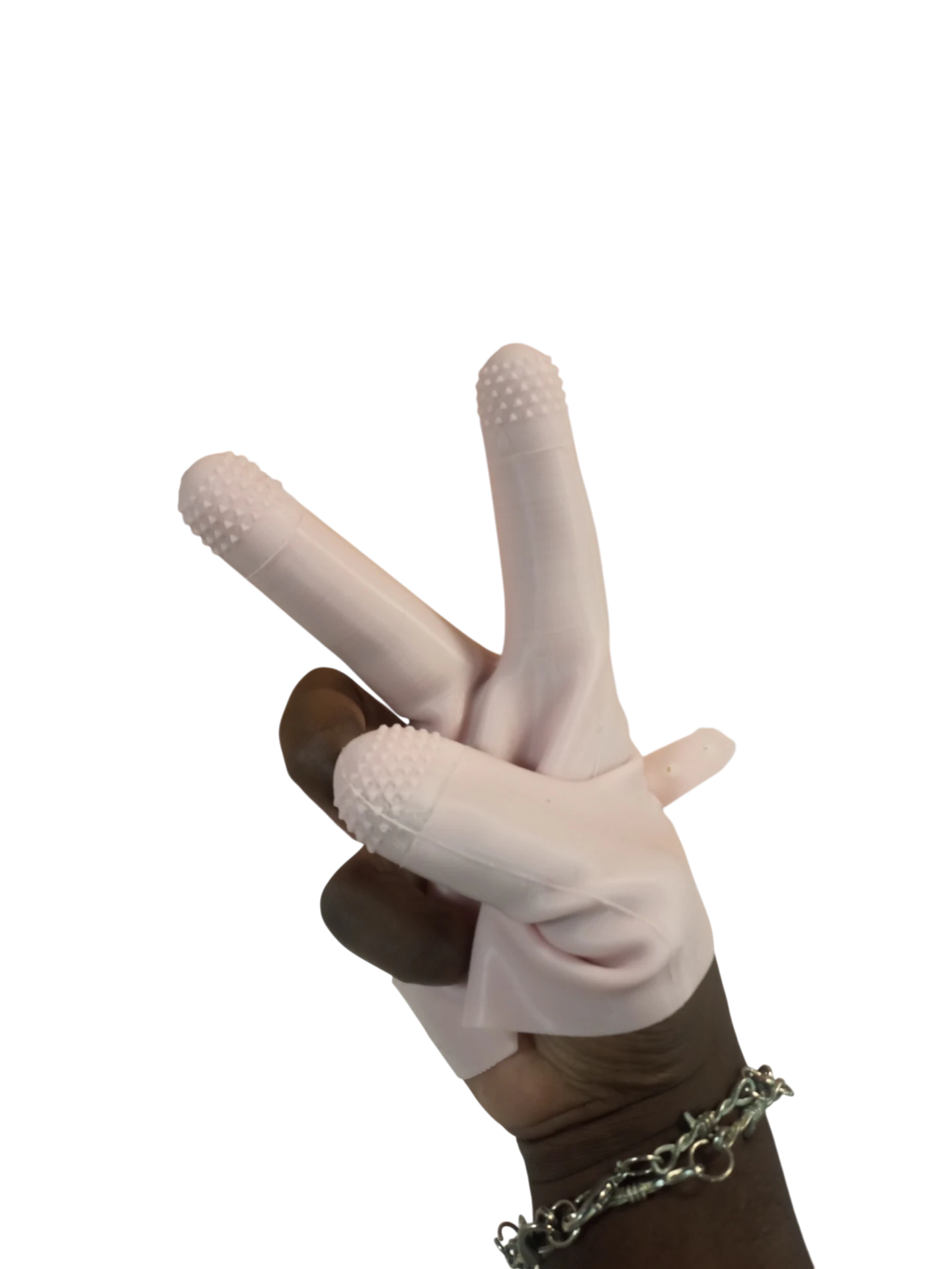 Close view of the Clean Fingers silicone prototype fingertips showing the molded grip texture for holding wet shellfish