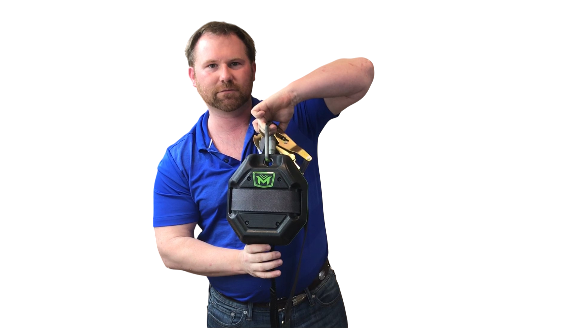 James McMaster holding a working black prototype of the Fall Arrest hunter safety device by its carabiner