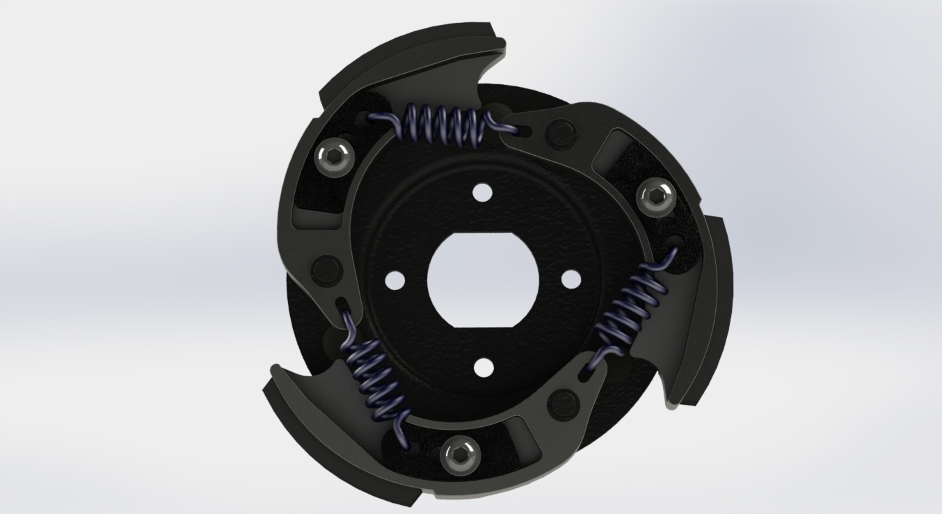 Top view CAD render of the Fall Arrest brake showing three pivoting shoes and their return springs around the hub