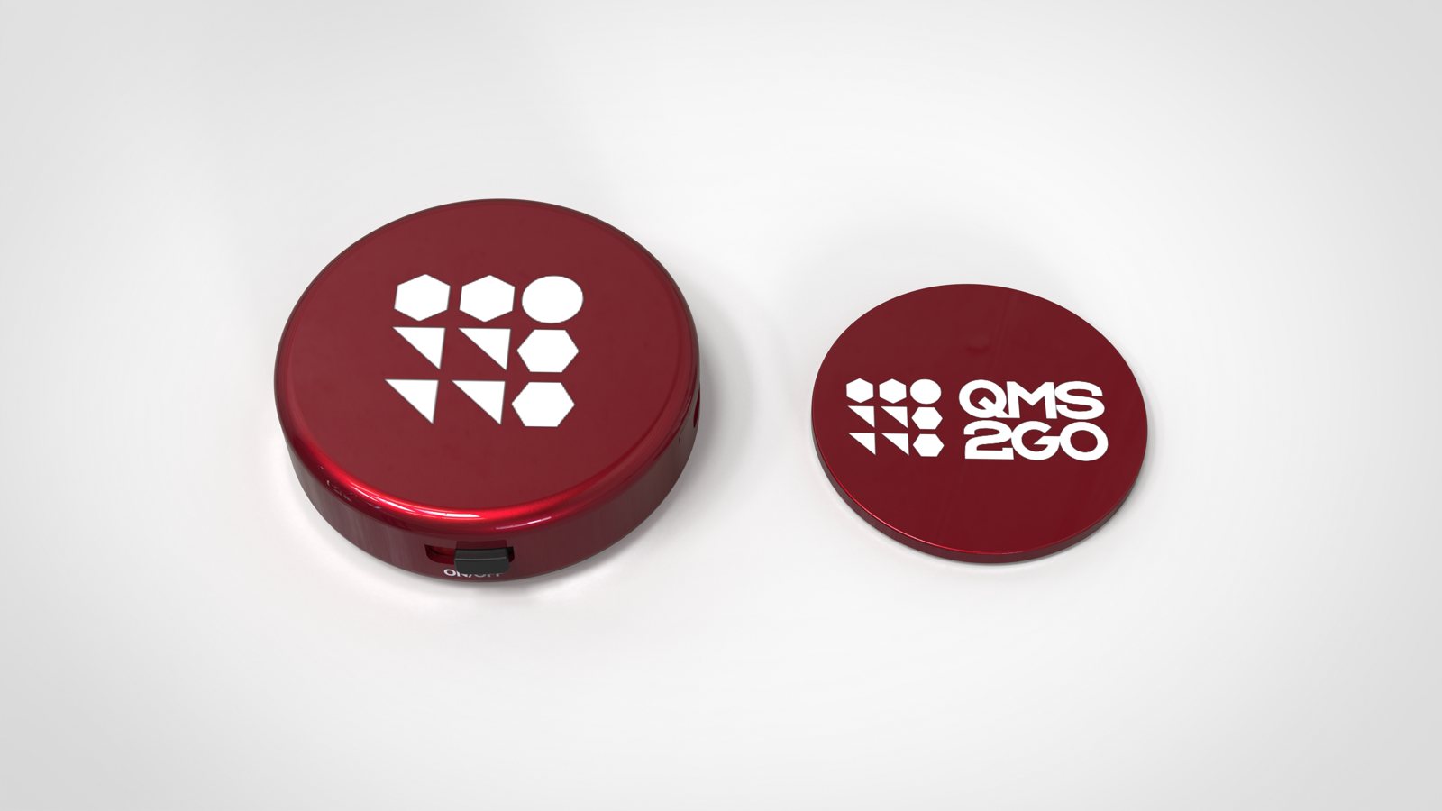 CAD renders of the front and back of the QMS2GO aluminum digital voice recorder