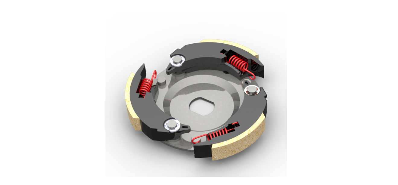 Sectioned CAD render of the Fall Arrest centrifugal brake showing shoes, return springs and friction drum