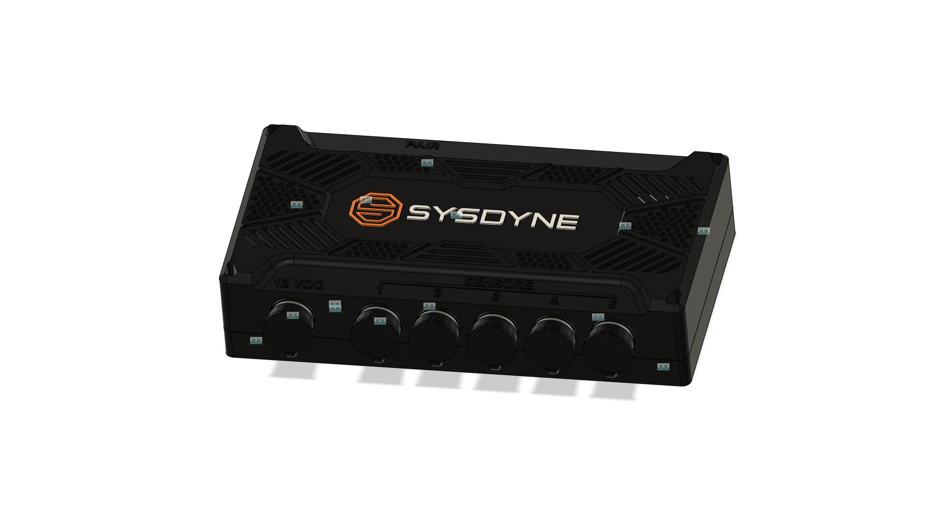CAD render of the Sysdyne-branded Delivery Sensor enclosure showing the 12 VDC input and five numbered sensor ports