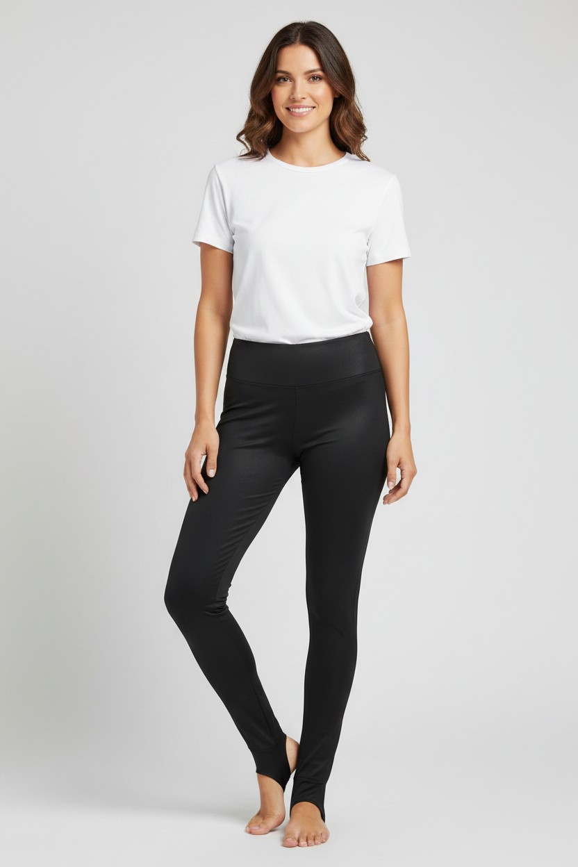 Design visualisation of a model wearing the plain black Kool Pressions stirrup compression legging