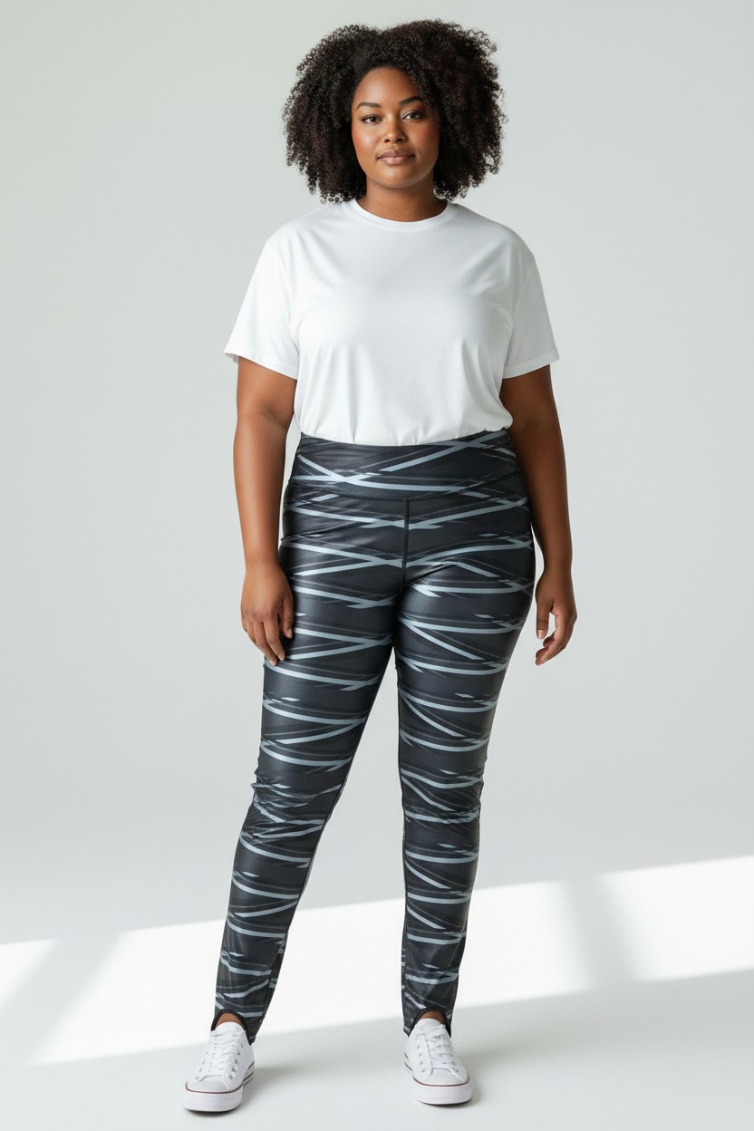 Design visualisation of a model wearing the grey and black patterned Kool Pressions stirrup legging