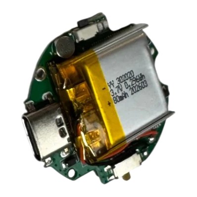 Reverse side of the QMS2GO recorder circuit board showing the lithium-polymer battery and microphone placement