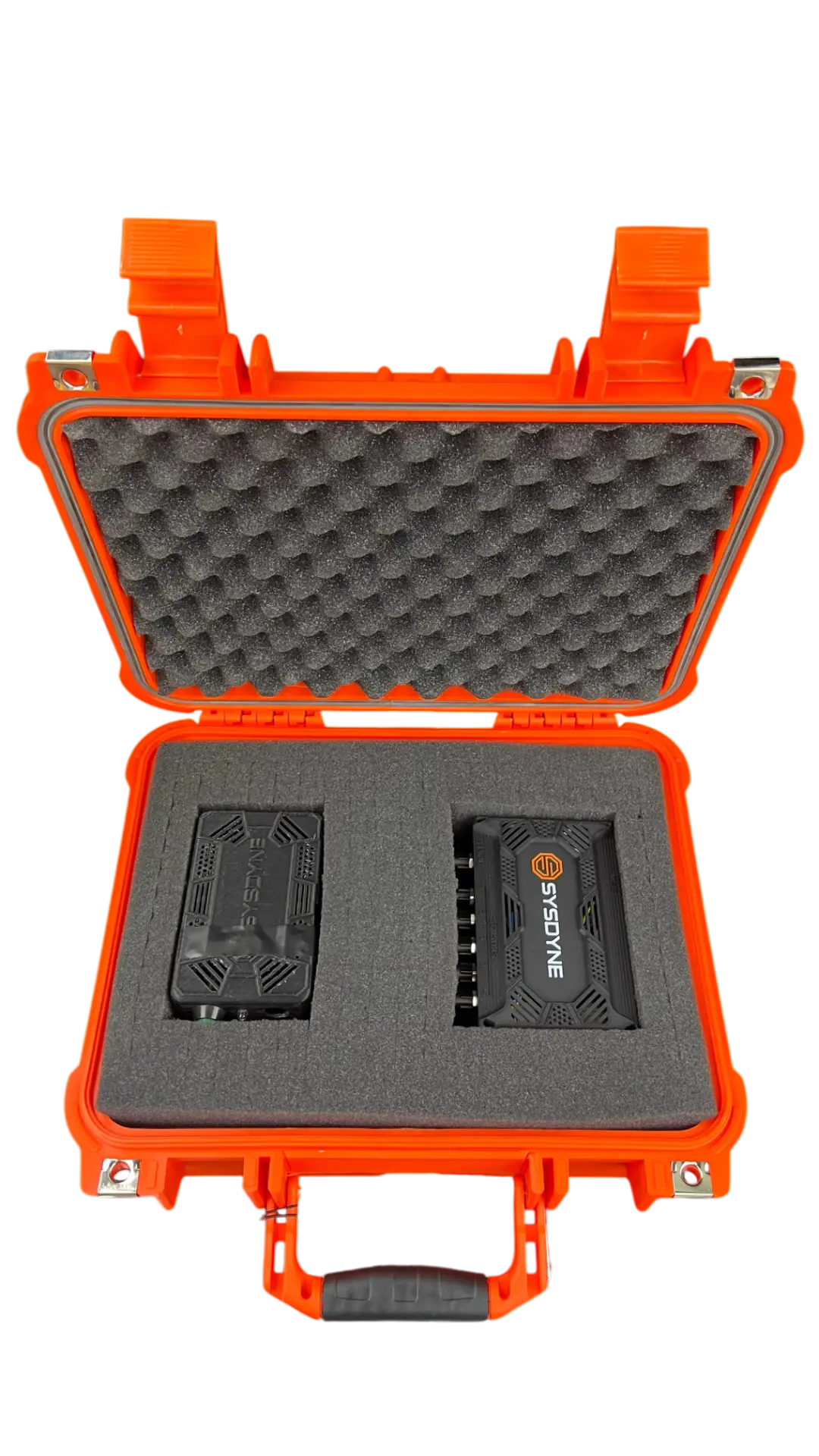 Sysdyne Delivery Sensor and paired gateway unit seated in custom foam inside an orange protective case