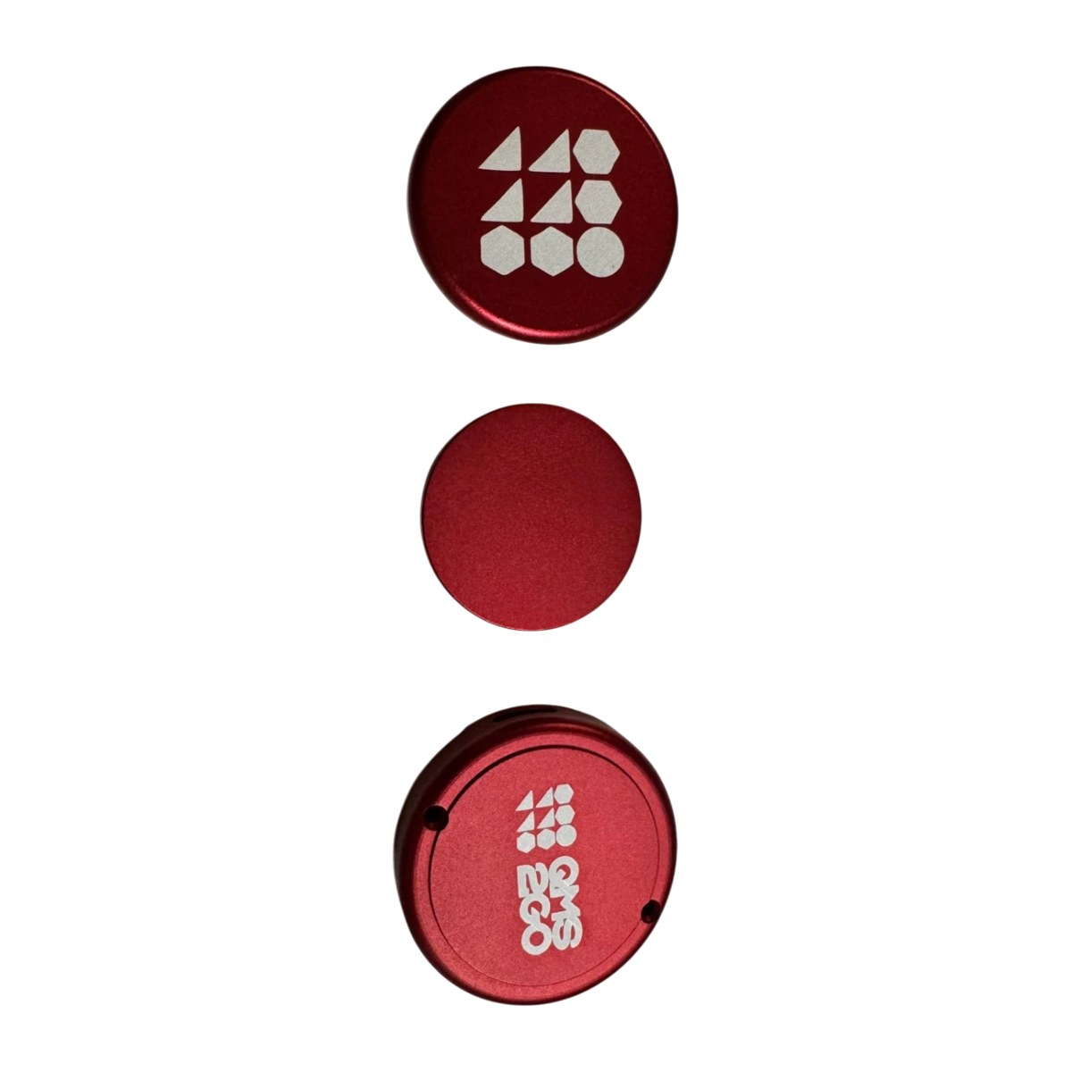 Anodized red aluminum recorder housing printed with the QMS2GO logo on the face and wordmark on the back
