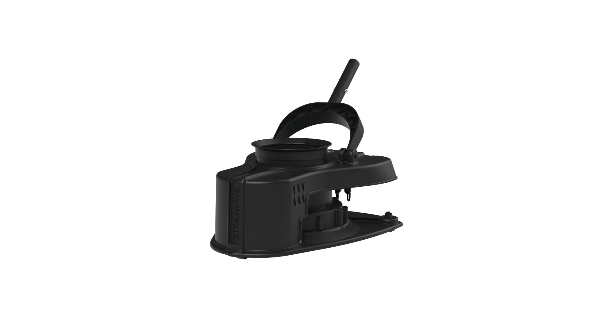 StingWave pool vacuum base unit without the mesh bag, showing the molded housing, handle and pole mount