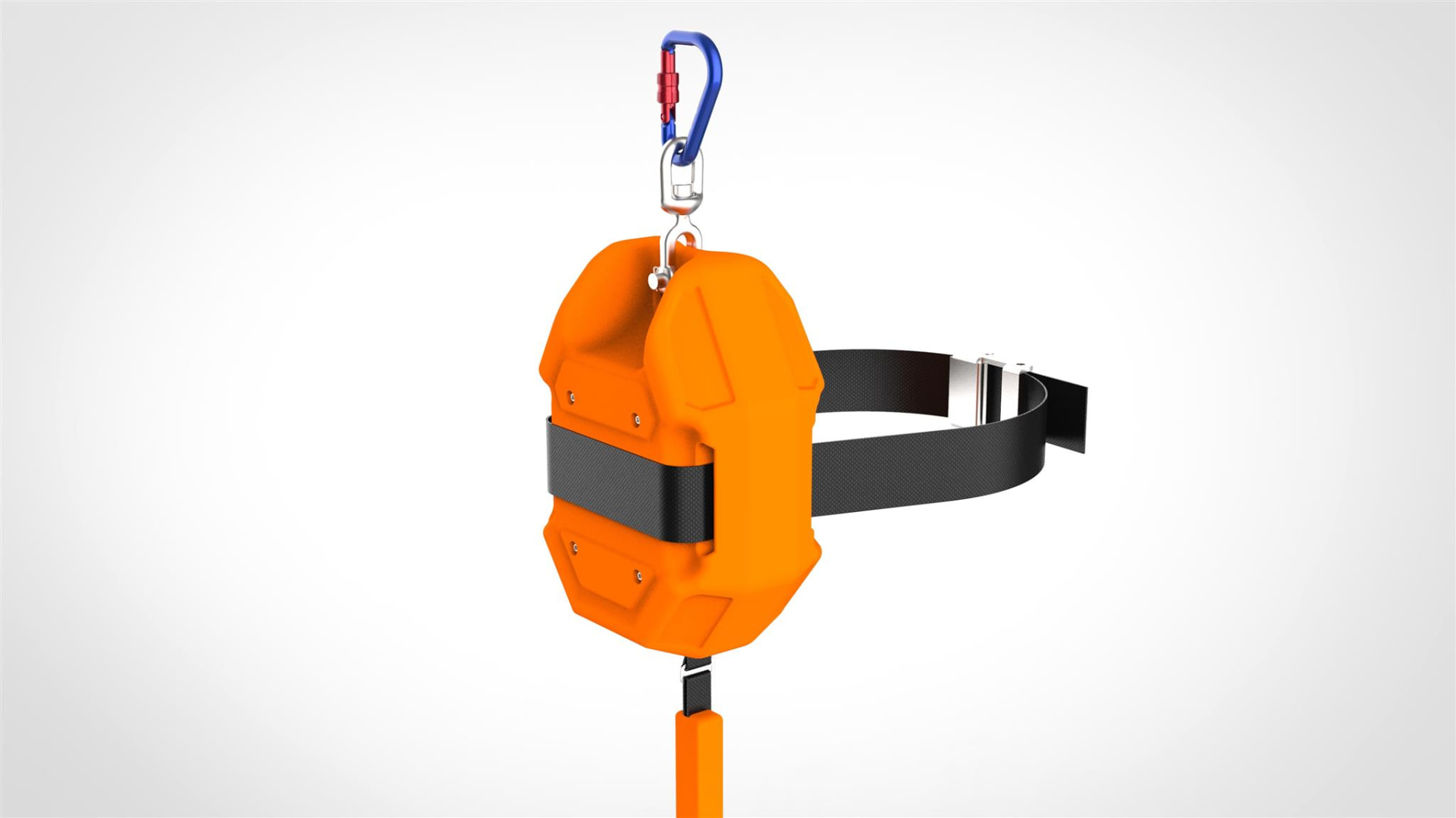 Angled render of the Fall Arrest device showing the tree strap routing through the back of the housing