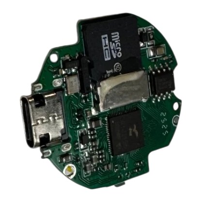 Custom round PCB for the QMS2GO voice recorder with USB-C connector, onboard storage and audio processor