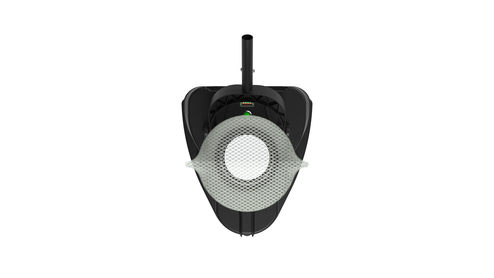 Top-down view of the StingWave pool vacuum with the mesh bag seated over the circular intake