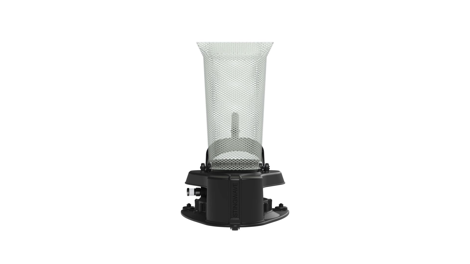 Front view of the StingWave pool leaf vacuum showing the flared mesh bag above the molded base