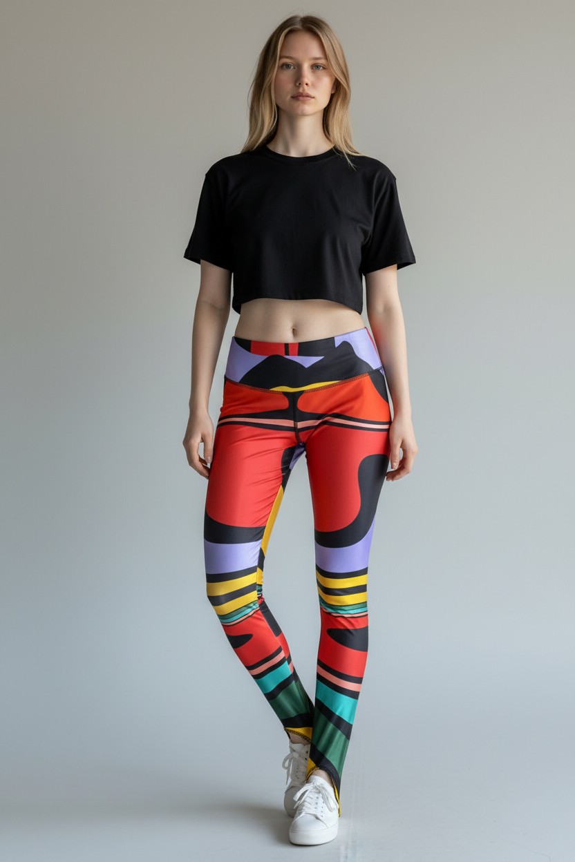 Design visualisation of a model wearing the multi-colour patterned Kool Pressions stirrup compression legging
