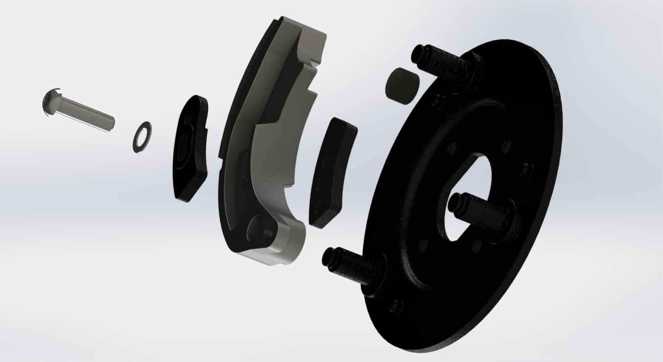 Exploded CAD render of the Fall Arrest brake assembly showing fastener, washer, shoe, friction pad and drum