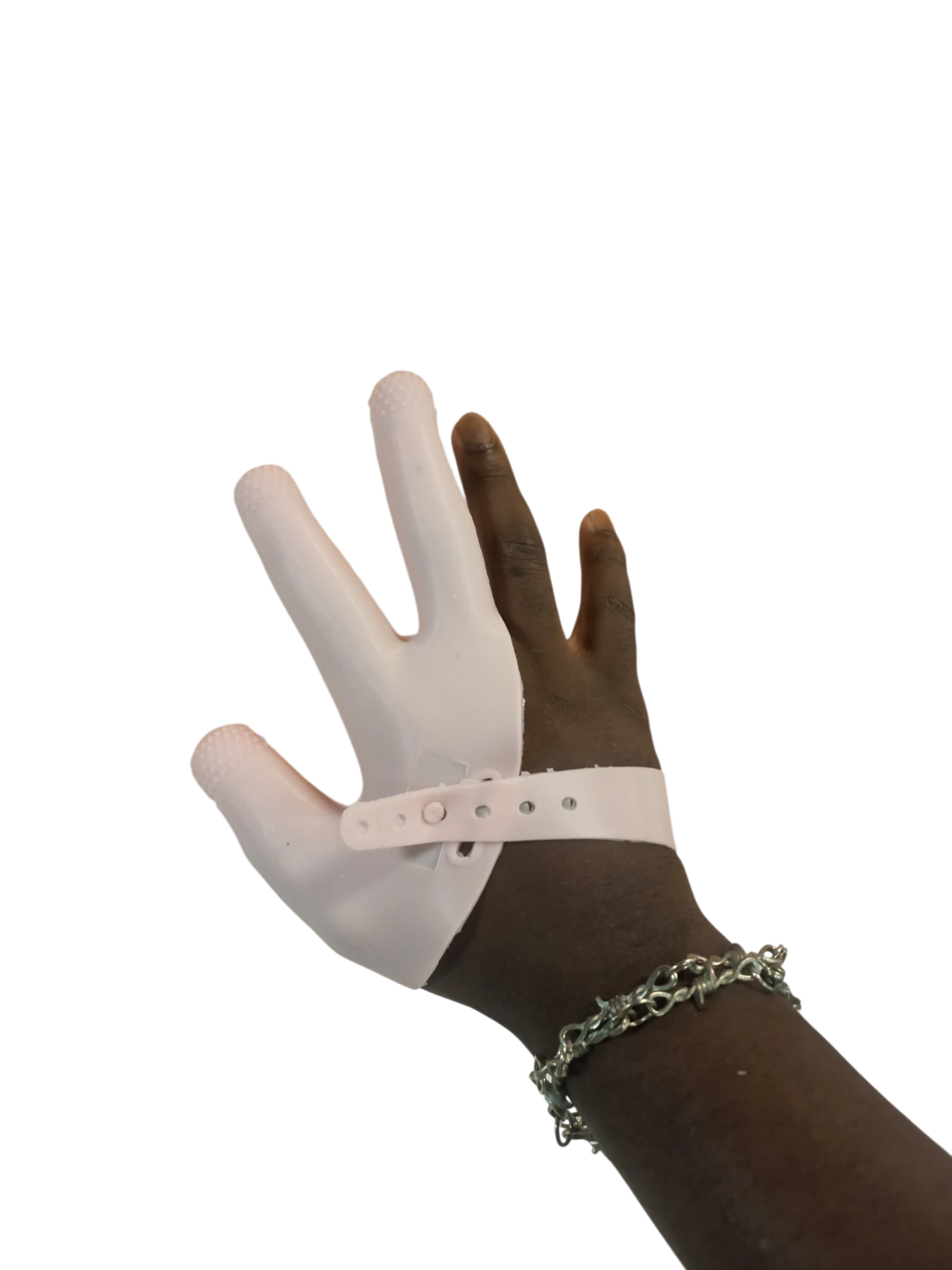 Clean Fingers prototype shown flat on an open hand with the perforated adjustable strap across the back of the hand