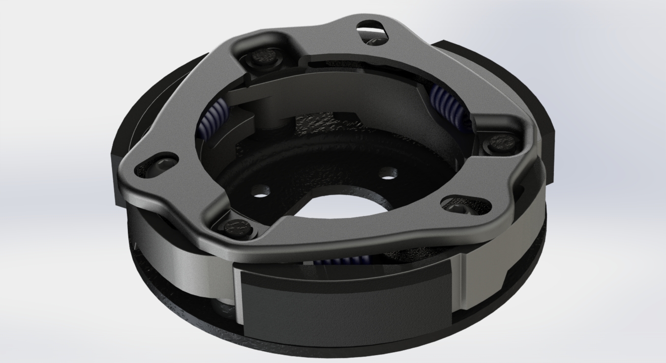 CAD render of the assembled Fall Arrest centrifugal brake unit with carrier plate and pivoting shoes