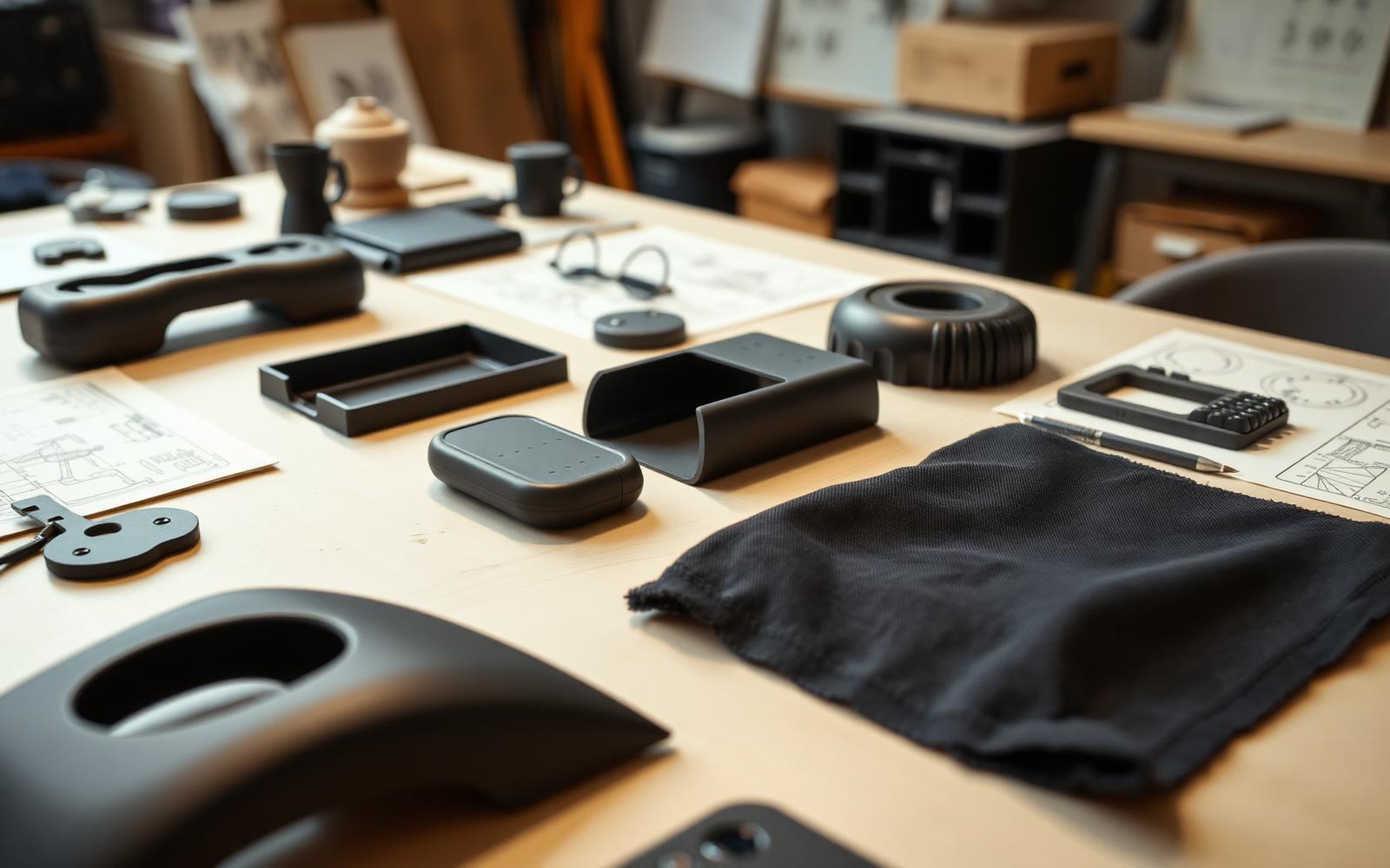 Consumer product prototype parts laid out during a design review