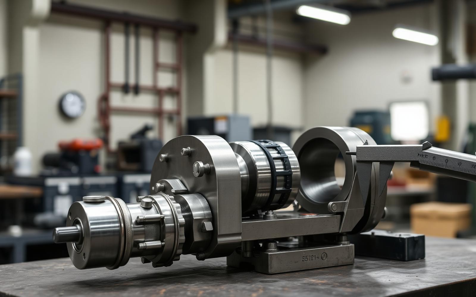 Industrial equipment assembly being measured and inspected on a workbench
