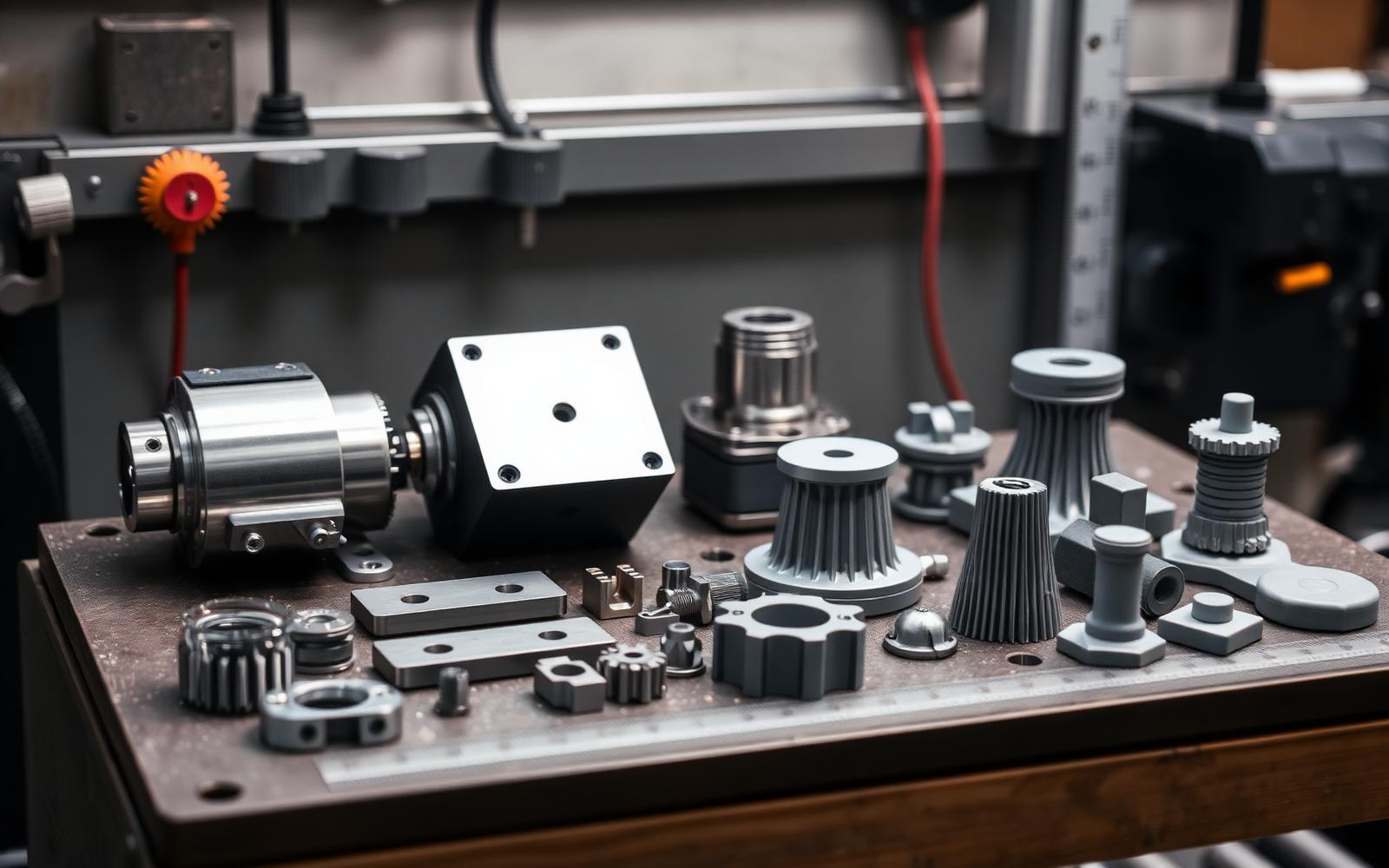Machined and printed prototype components arranged with measuring tools on a bench