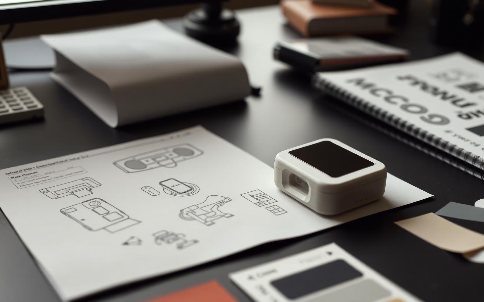 Concept sketches, colour and material swatches and a white appearance model of a handheld device on a designer's desk