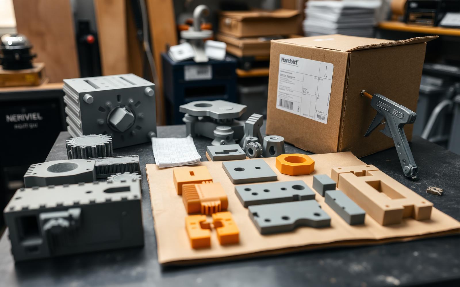 3D printed and machined prototype parts laid out on a workbench beside a packed shipping box