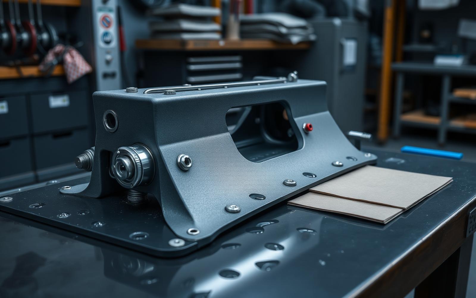 Marine-grade product prototype and materials samples on an engineering bench