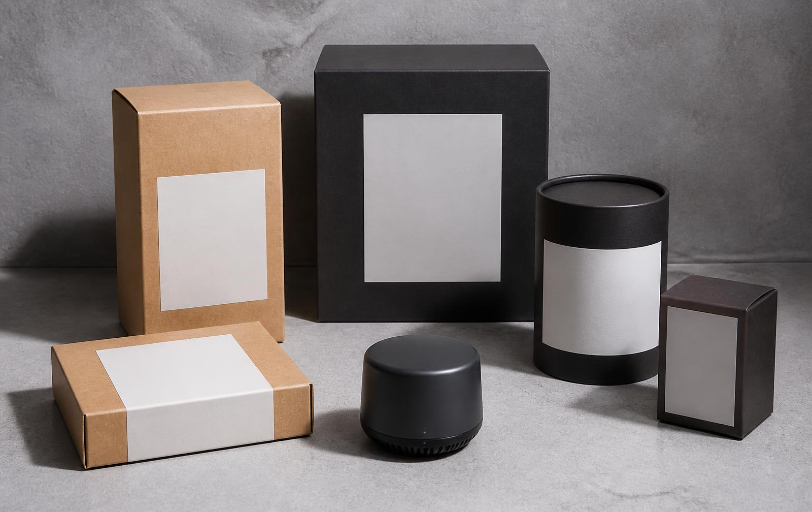 Blank consumer product packaging mockups and a prototype arranged for a name and label review