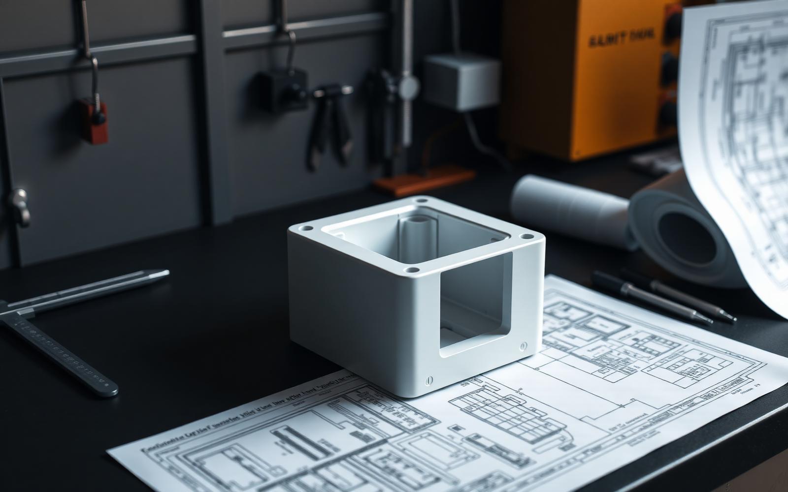 Consumer product enclosure prototype and CAD drawings on an engineering bench