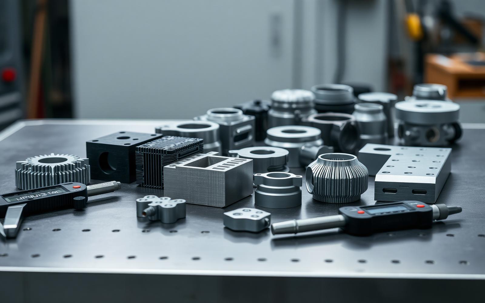 Freshly printed and machined prototype parts laid out for inspection with calipers