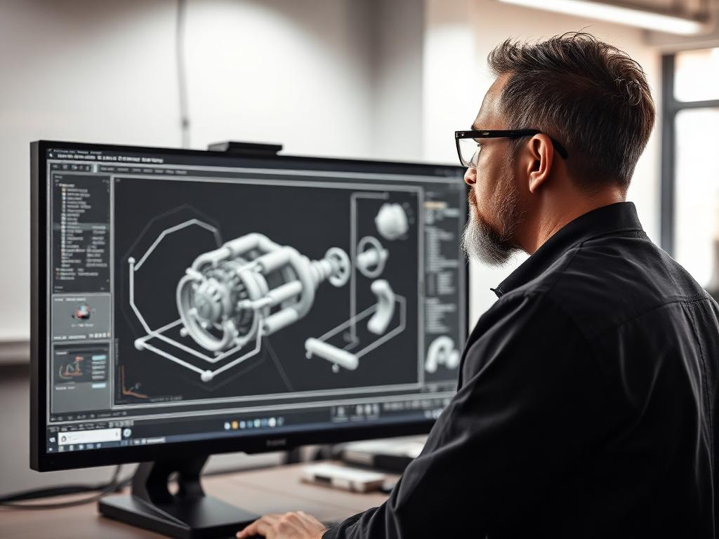 Engineer reviewing a full product assembly in CAD