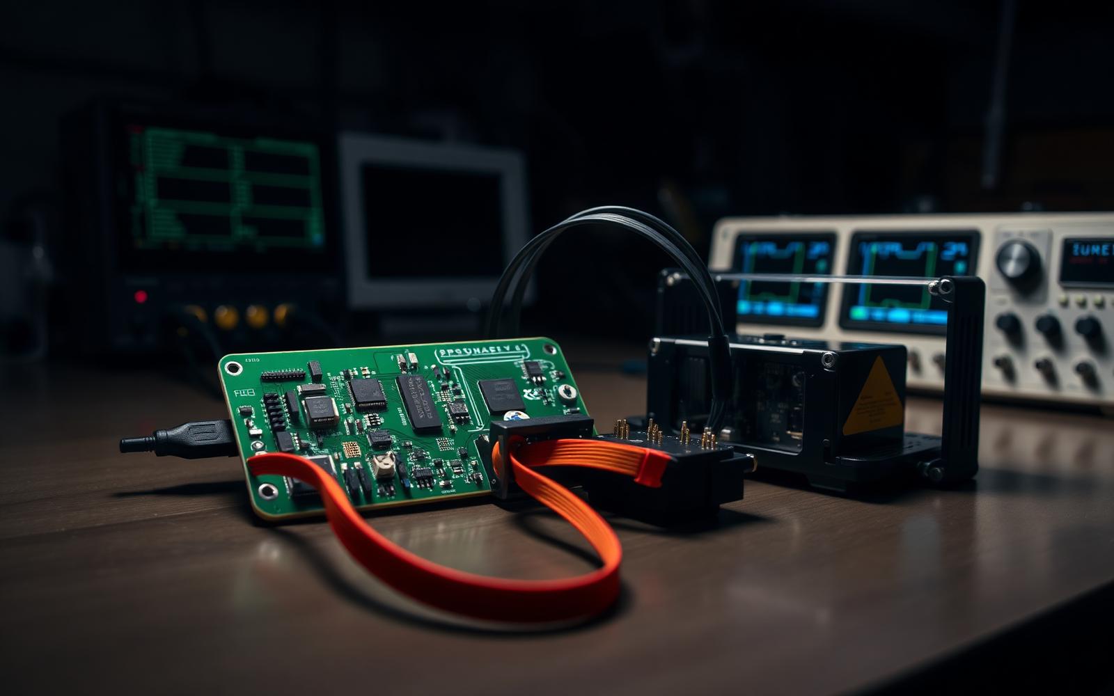 Custom printed circuit board connected to a 3D-printed prototype enclosure during bench testing