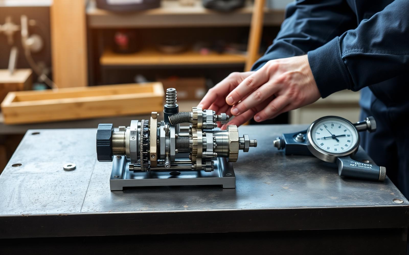 Engineer testing a functional mechanical prototype assembly with springs and gears on a workbench