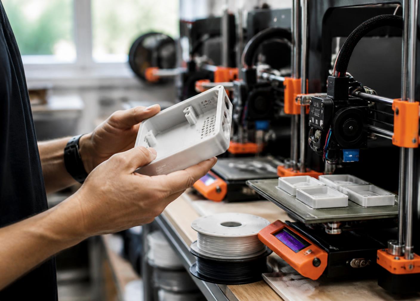 Engineer inspecting a 3D-printed enclosure in front of a bank of FDM printers