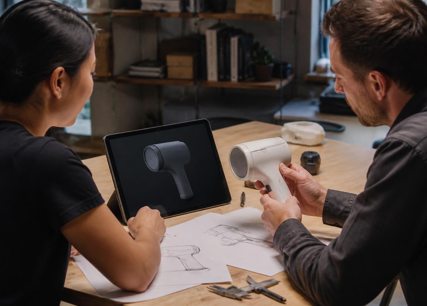 Two engineers comparing an AI rendering on a tablet with a printed prototype of the same handheld product