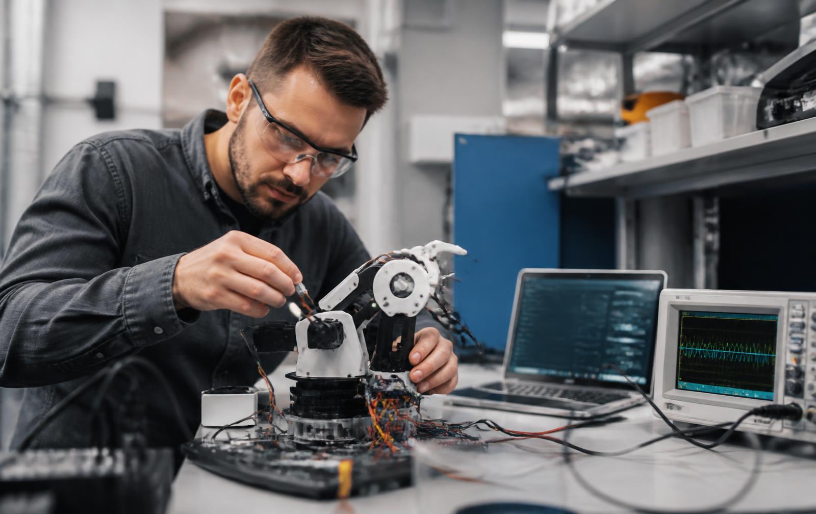 Engineer building and testing a proof-of-concept prototype on a workbench