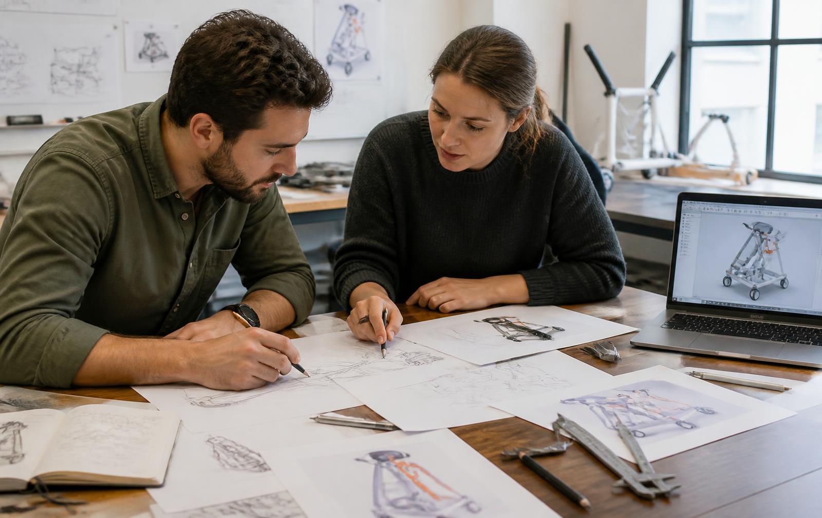 Engineers reviewing concept sketches and renderings for a grant application