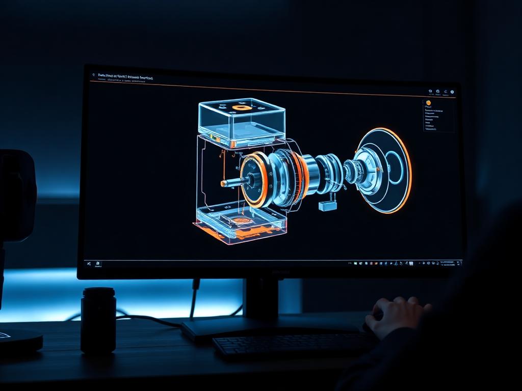 Exploded CAD assembly of a consumer product on a designer's monitor