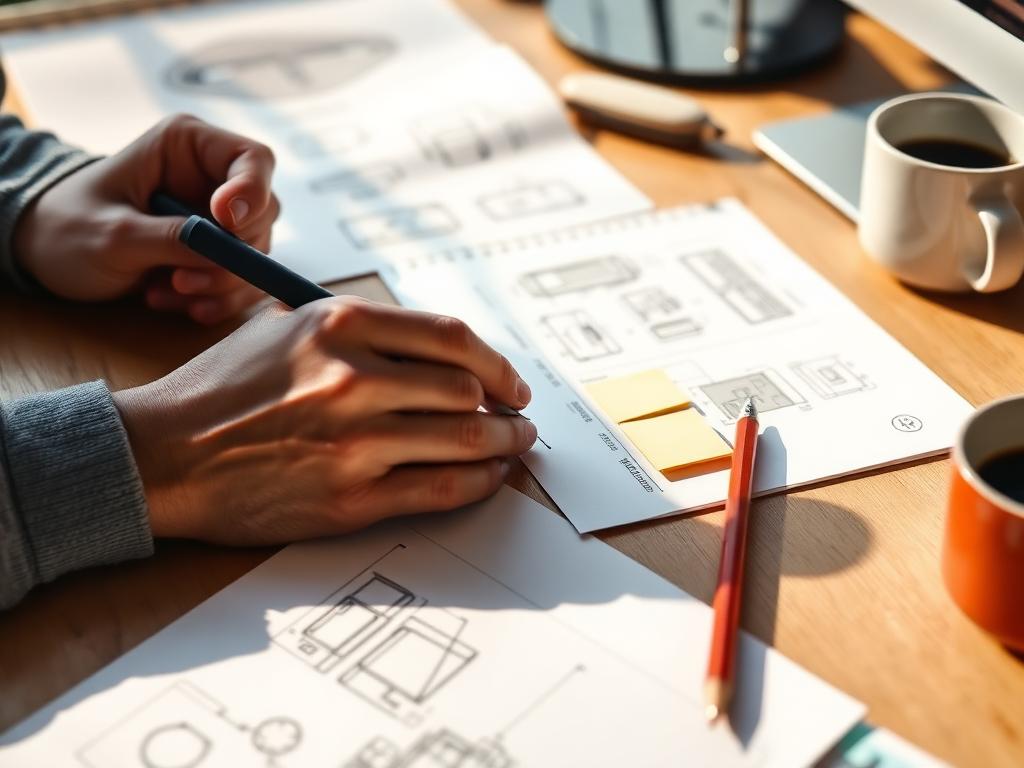 Designer sketching early concepts alongside patent research printouts
