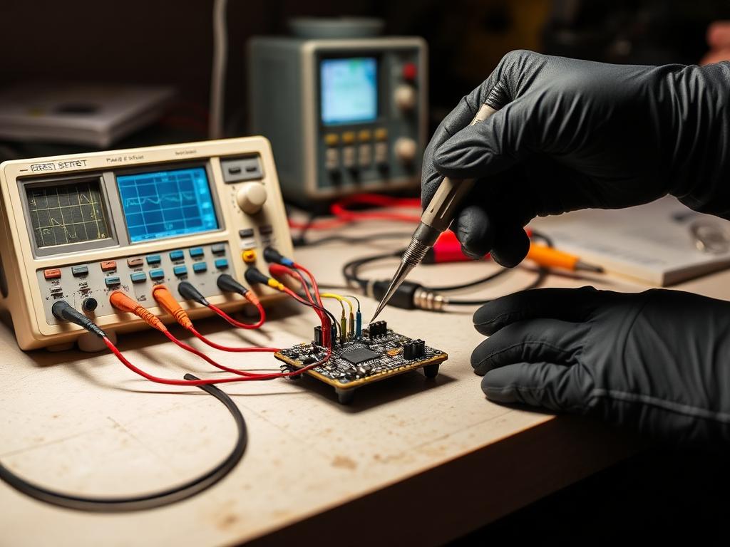 Engineer bench-testing a proof-of-concept circuit board with an oscilloscope