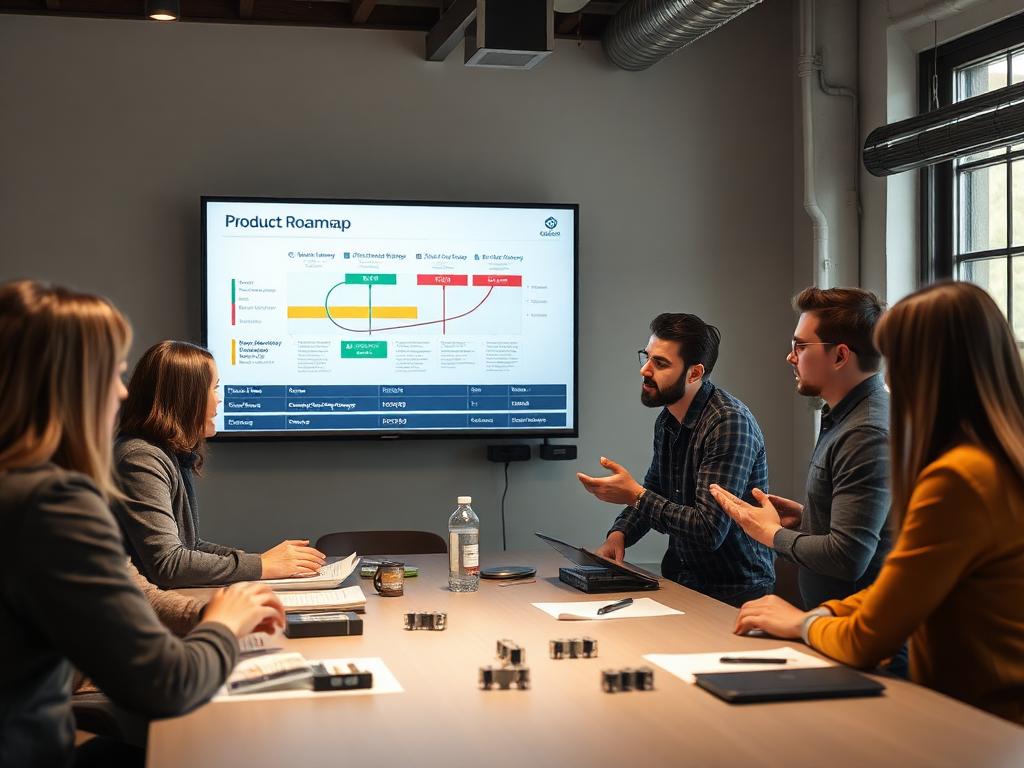 Product development team reviewing a roadmap with prototype samples on the table