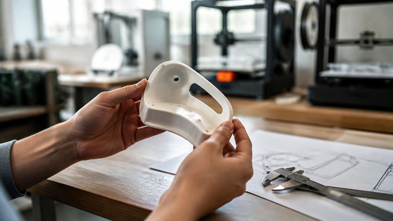Hands holding a freshly 3D printed product prototype in a prototyping shop