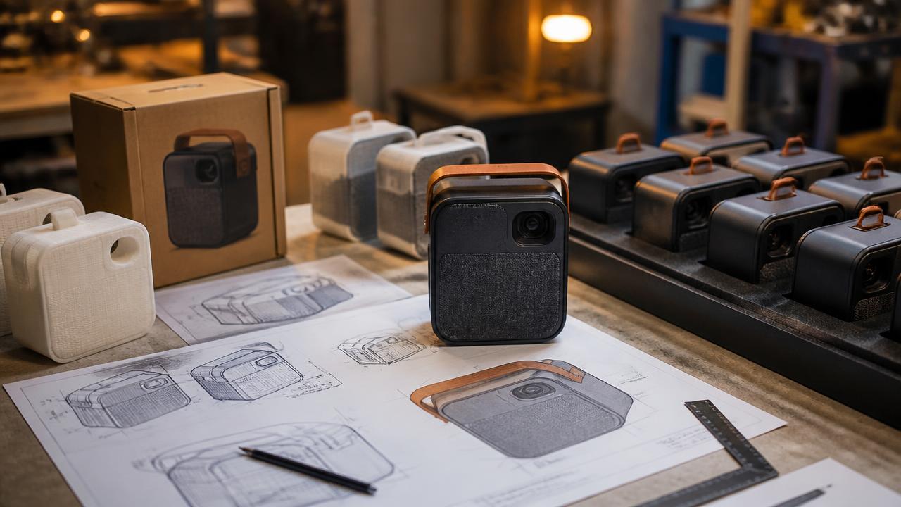 Finished consumer product on a workbench beside its drawings, 3D printed prototypes, retail box, and a tray of production units