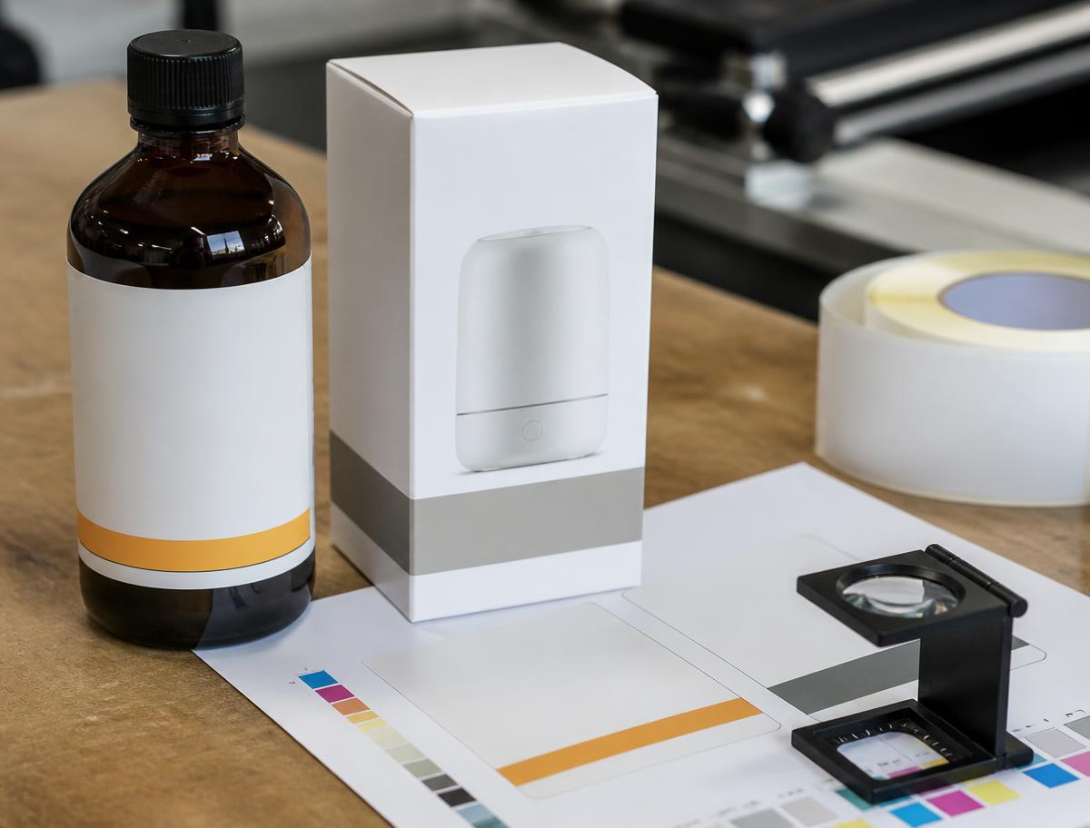 Product packaging and label proofs on a workbench during a naming review