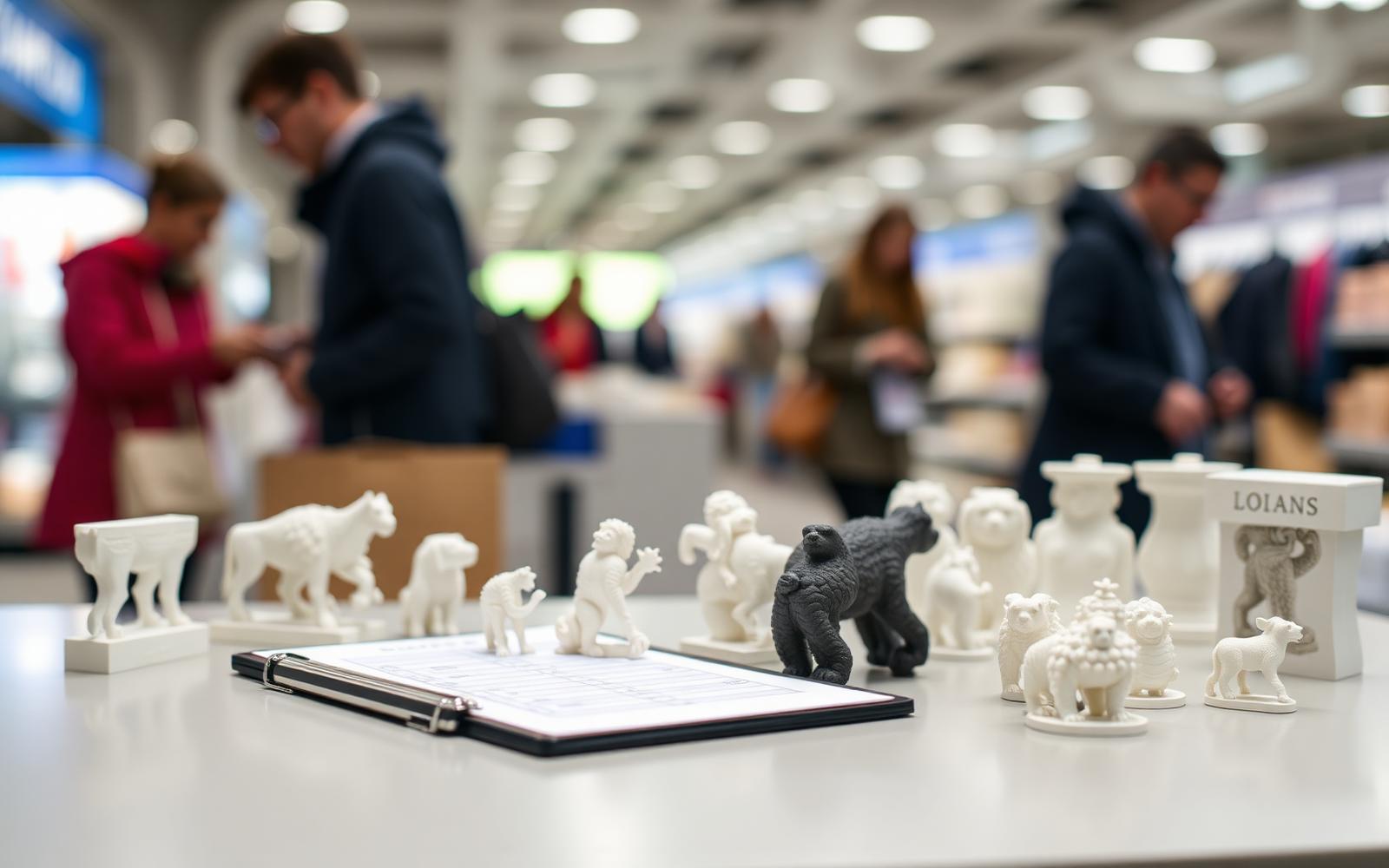 3D printed consumer product prototypes displayed on a market test table with a clipboard