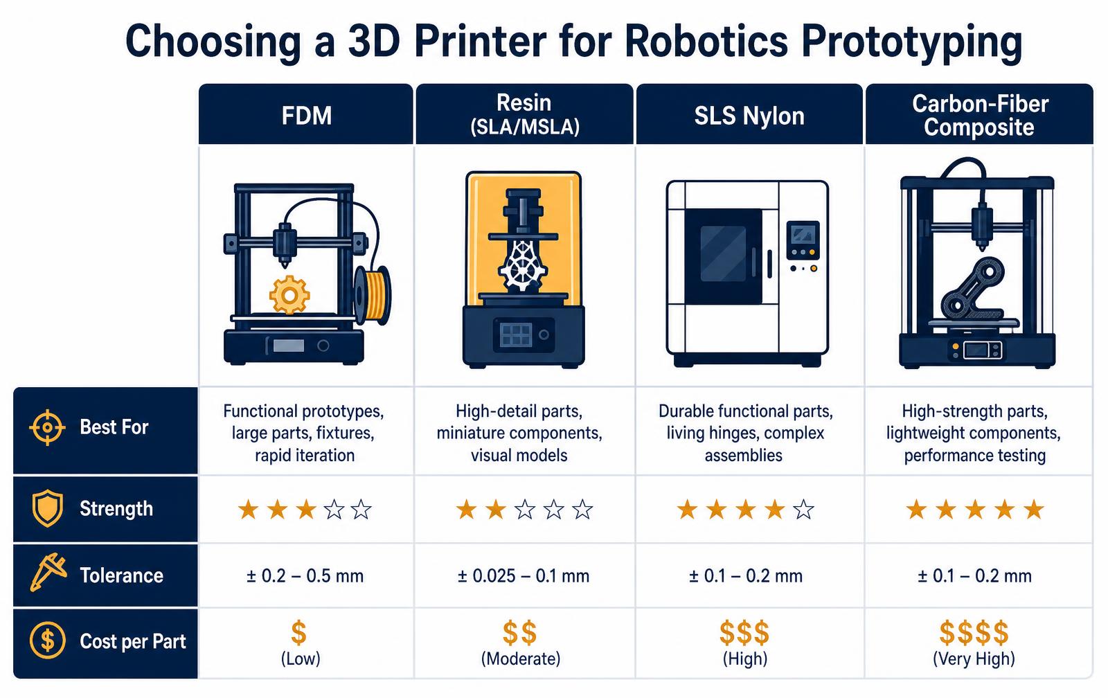 Comparison infographic of FDM, resin, SLS nylon and carbon-fiber composite 3D printing for robotics prototyping