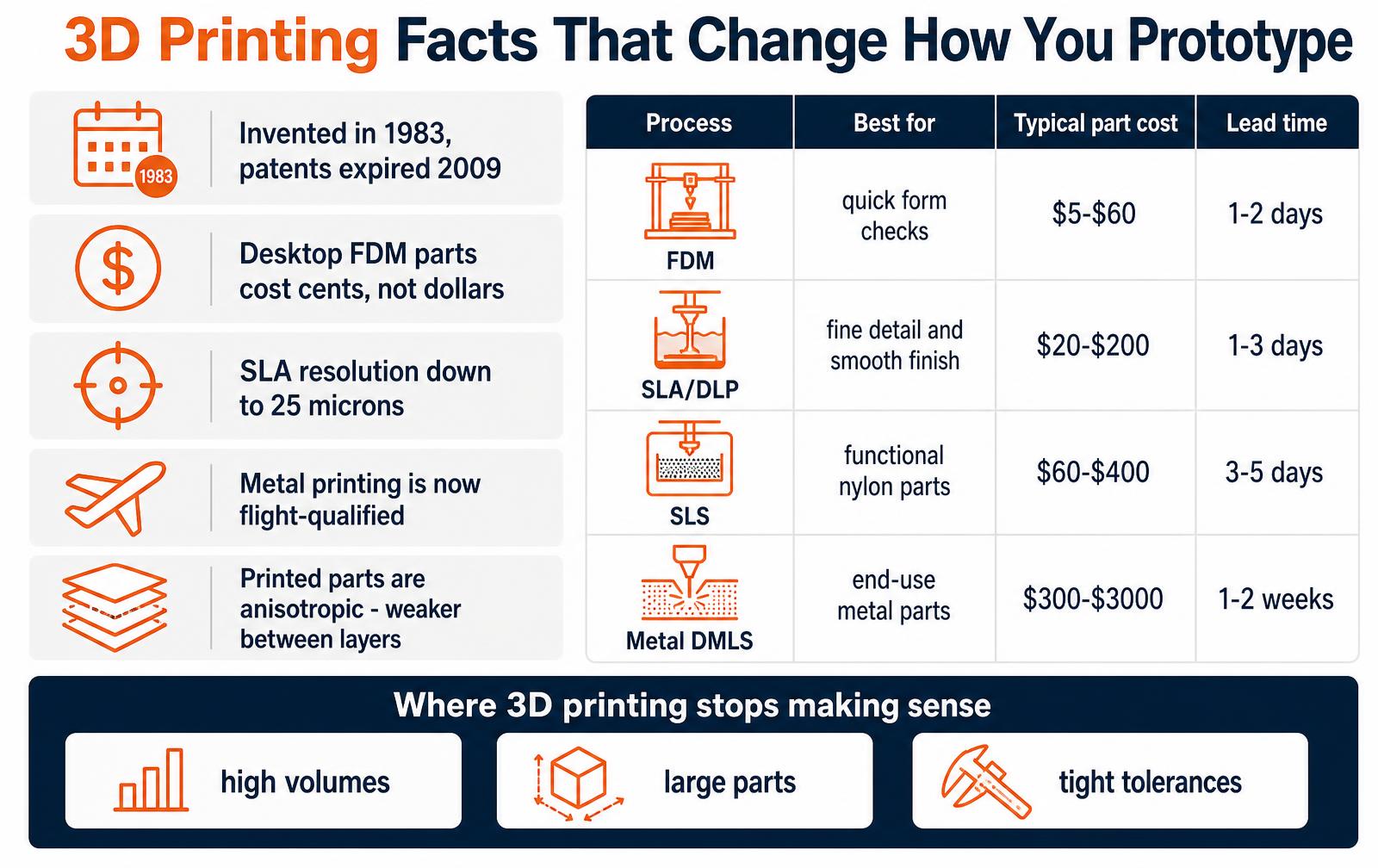 Infographic of 3D printing facts with a comparison table of FDM, SLA, SLS and metal DMLS showing best use, typical part cost and lead time