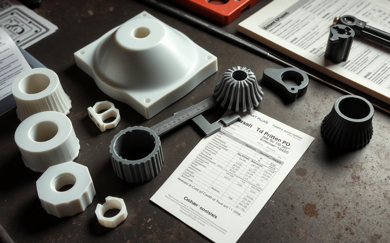 SLA and FDM 3D printed prototype parts arranged with a caliper and cost estimate paperwork on a workbench