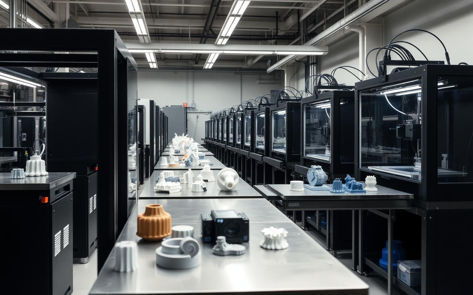 Row of industrial FDM and SLA 3D printers mid-build with printed test parts on a steel bench in a prototyping shop