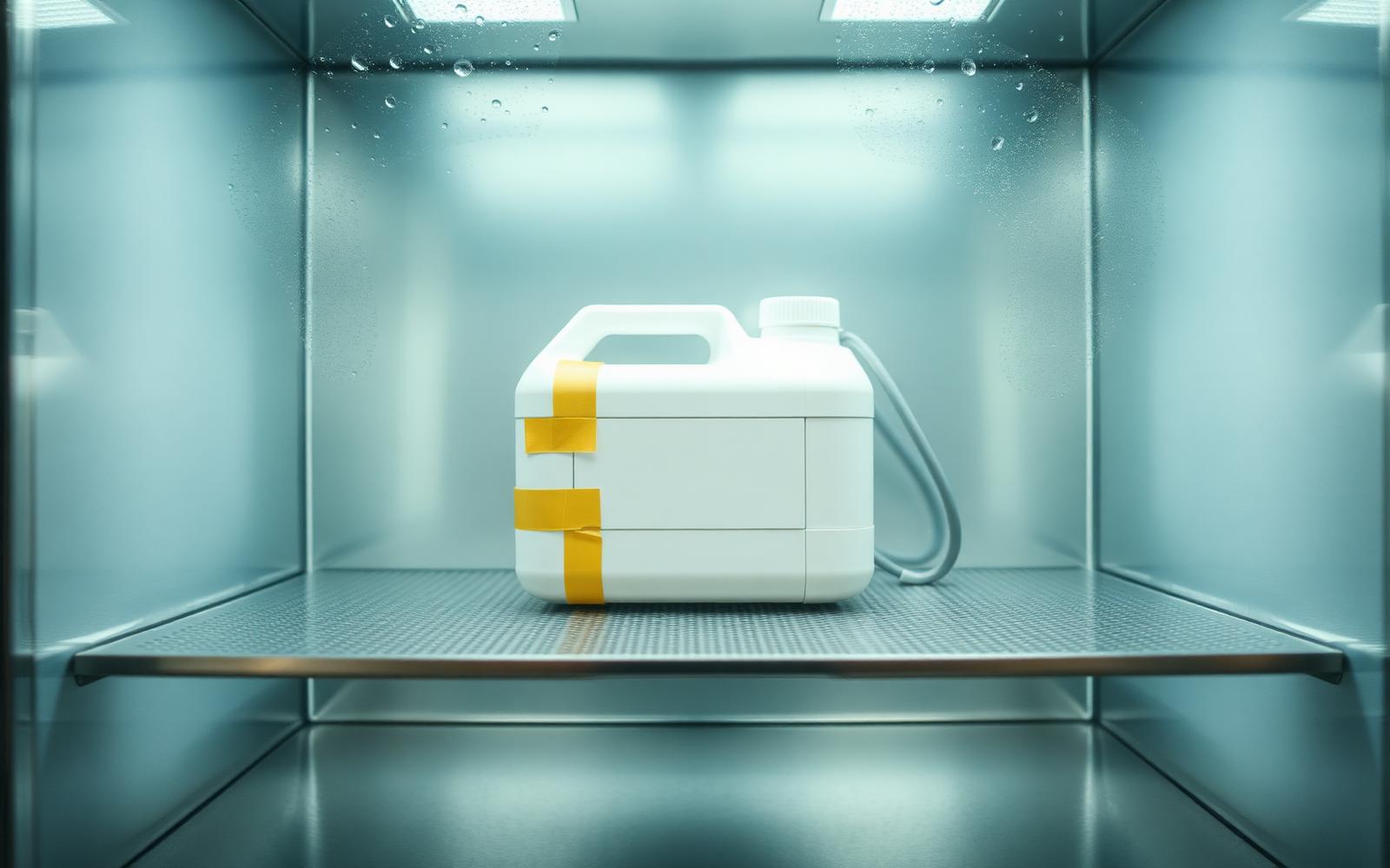 White plastic product sample with thermocouple wires inside an environmental test chamber