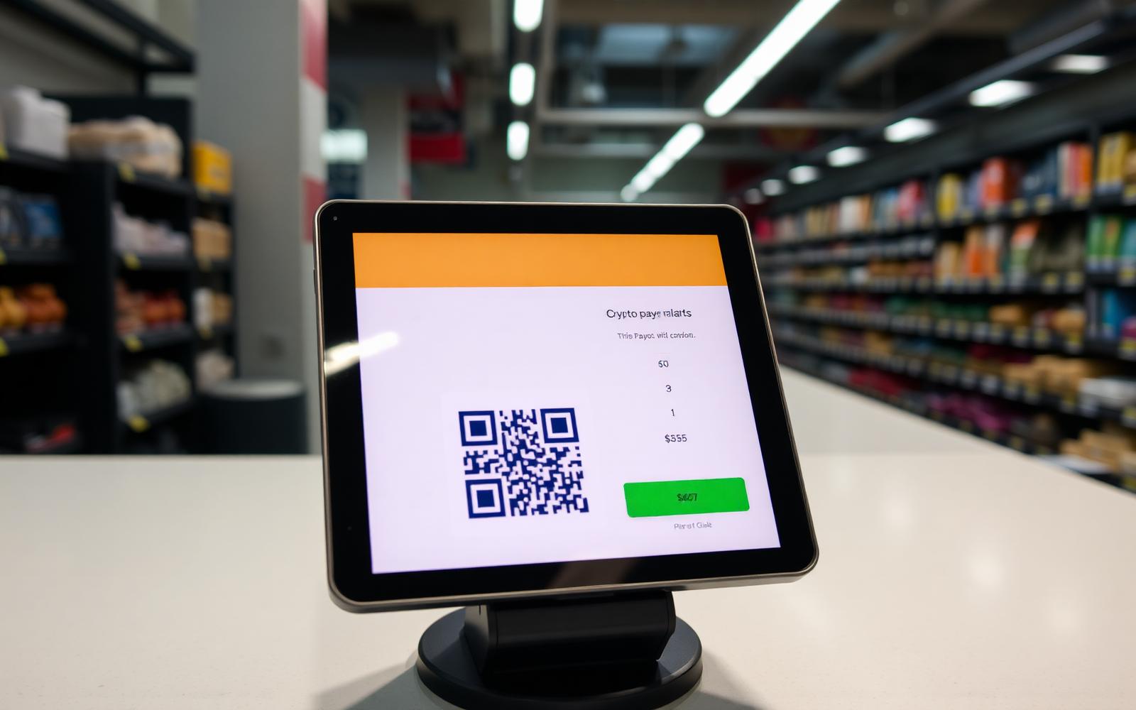 Retail point-of-sale tablet displaying a cryptocurrency payment QR code at a store checkout counter